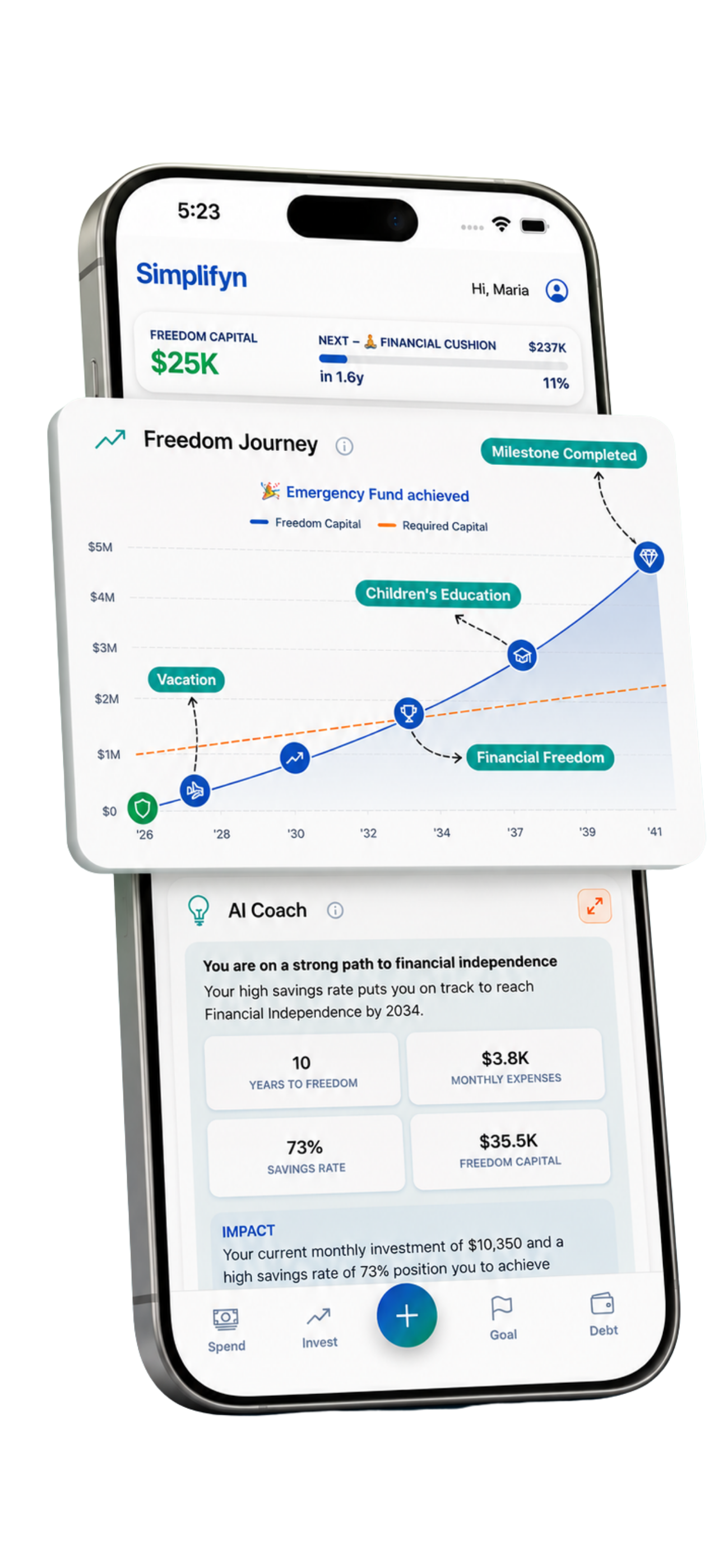 Simplifyn Freedom Journey screen showing financial roadmap