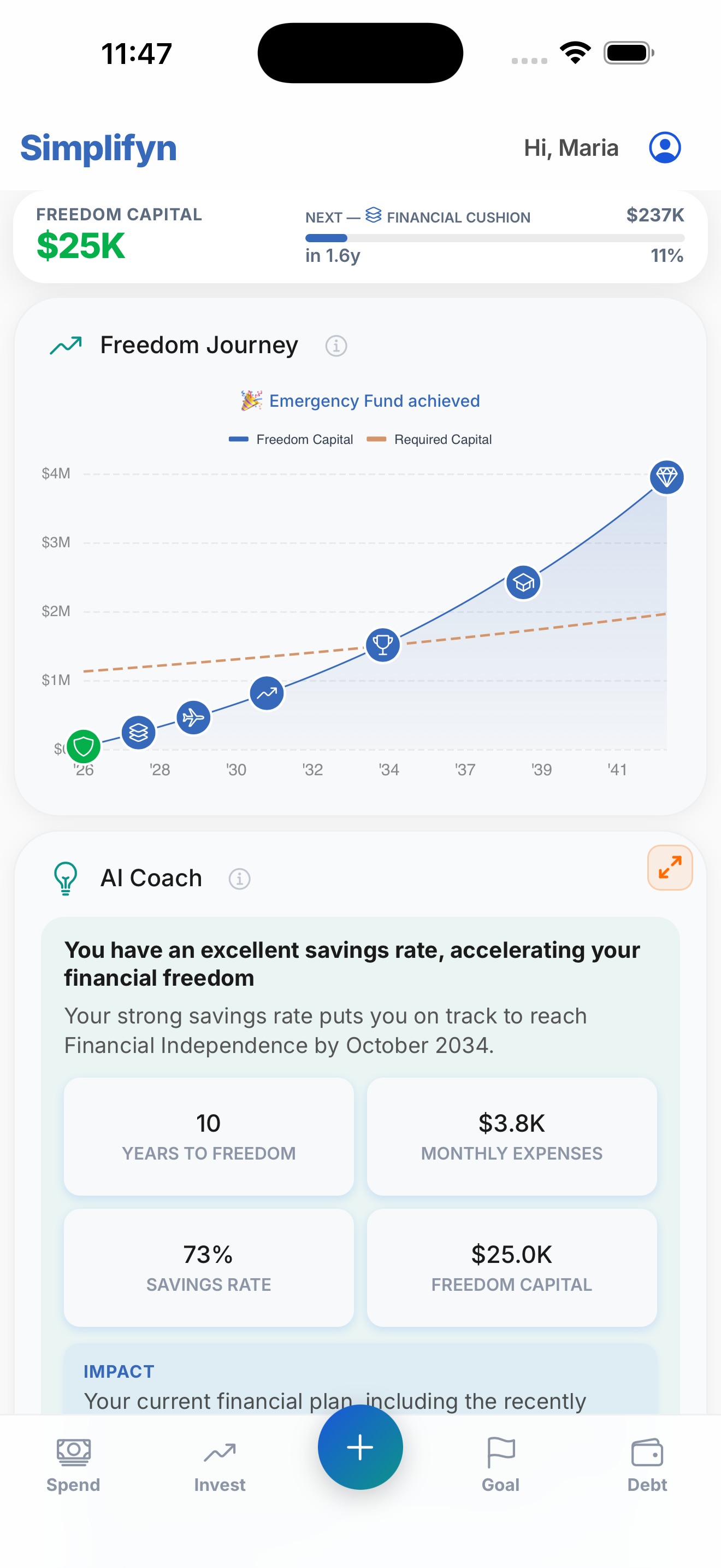 Simplifyn homescreen showing financial freedom journey